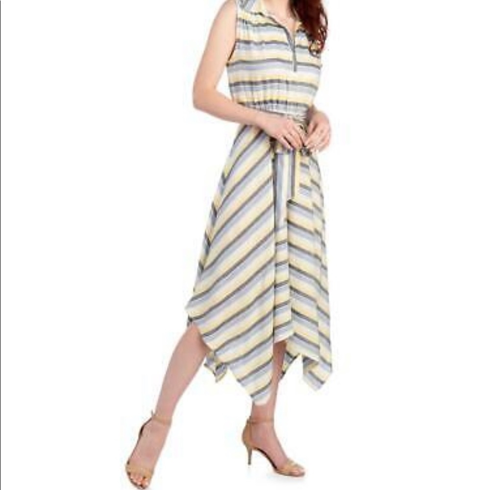 Max Studio Yellow and Blue Linen Blend Asymmetrical Dress